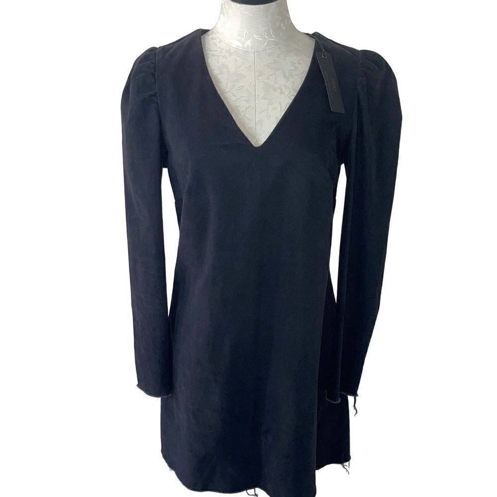 500 Maison Cinqcent Dress Black Size Large Raw Frayed Hem Zipper Back V Neck New